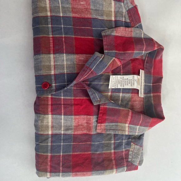 Jones New York Linen Cotton Shirt Womens M Plaid Button-Up Short Sleeve Red Blue - Picture 6 of 6